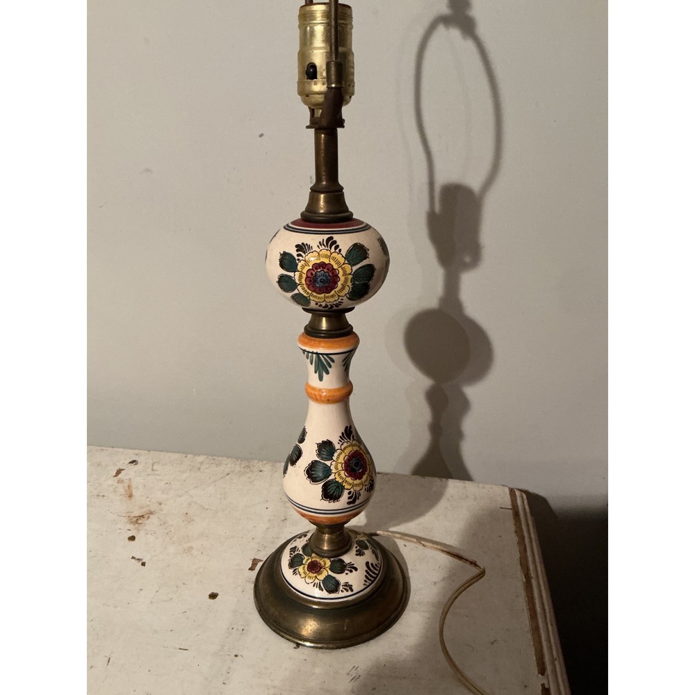 Vintage Hand Painted Ceramic Floral Table Lamp Brass Base Mid Century Folk Art